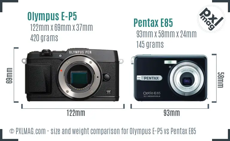 Olympus E-P5 vs Pentax E85 size comparison