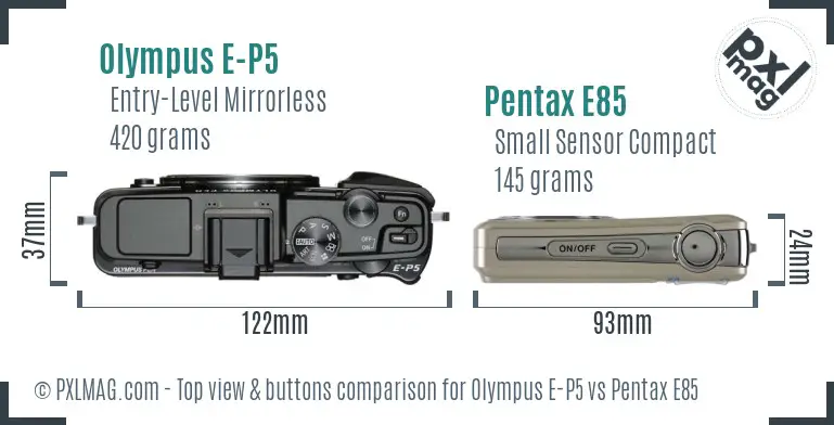 Olympus E-P5 vs Pentax E85 top view buttons comparison