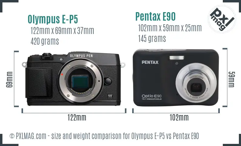 Olympus E-P5 vs Pentax E90 size comparison