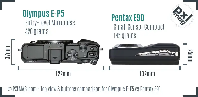 Olympus E-P5 vs Pentax E90 top view buttons comparison