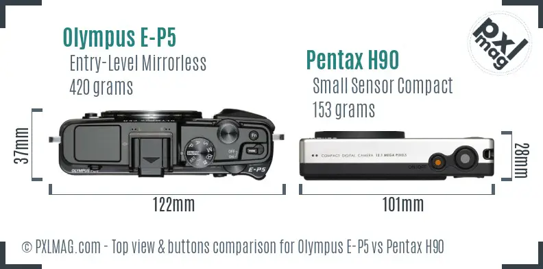 Olympus E-P5 vs Pentax H90 top view buttons comparison