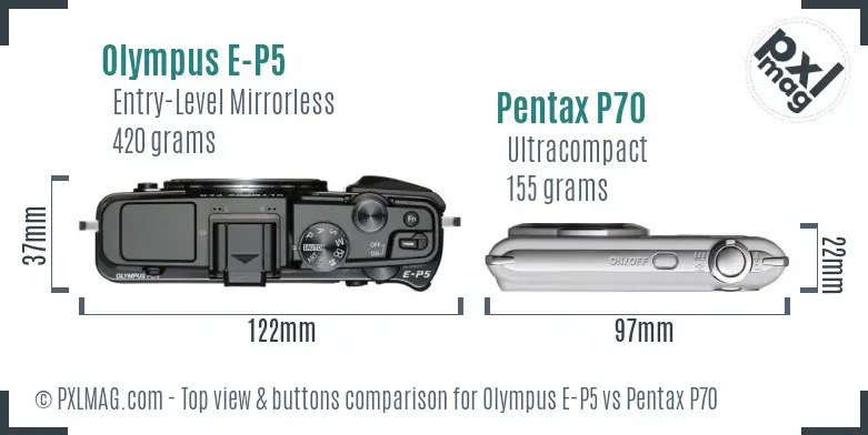 Olympus E-P5 vs Pentax P70 top view buttons comparison
