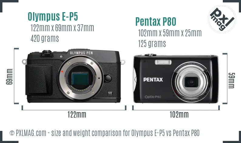 Olympus E-P5 vs Pentax P80 size comparison