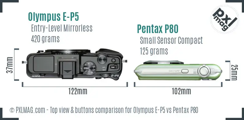 Olympus E-P5 vs Pentax P80 top view buttons comparison