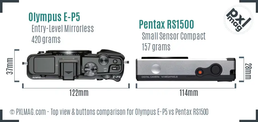 Olympus E-P5 vs Pentax RS1500 top view buttons comparison