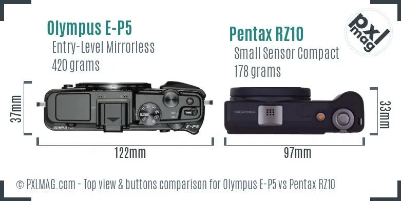 Olympus E-P5 vs Pentax RZ10 top view buttons comparison