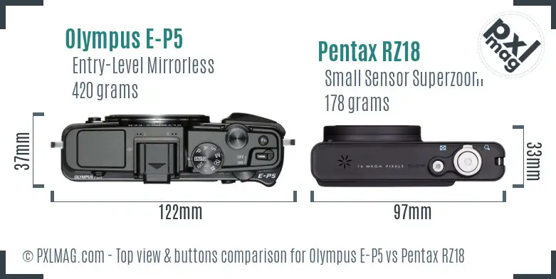 Olympus E-P5 vs Pentax RZ18 top view buttons comparison