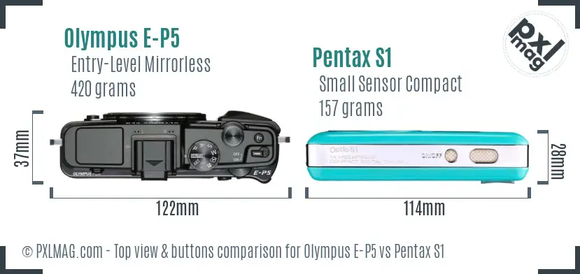 Olympus E-P5 vs Pentax S1 top view buttons comparison
