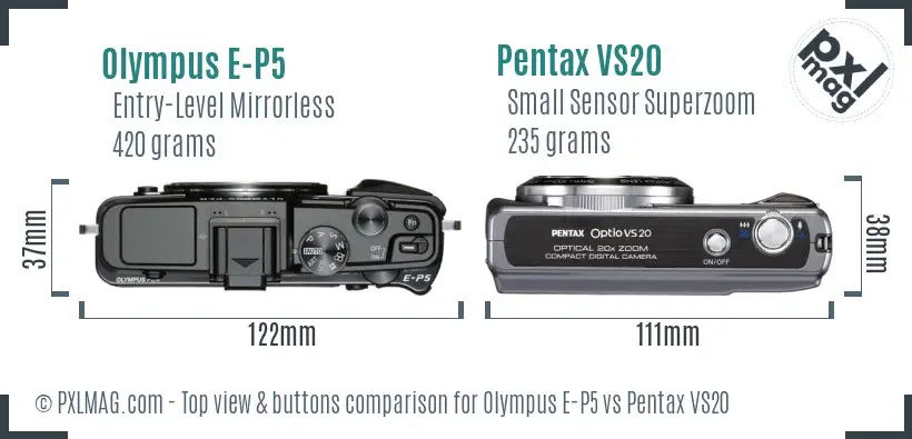 Olympus E-P5 vs Pentax VS20 top view buttons comparison