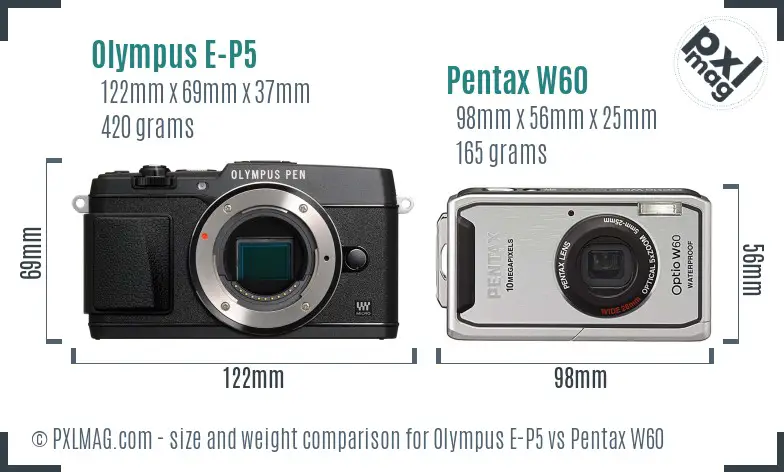 Olympus E-P5 vs Pentax W60 size comparison