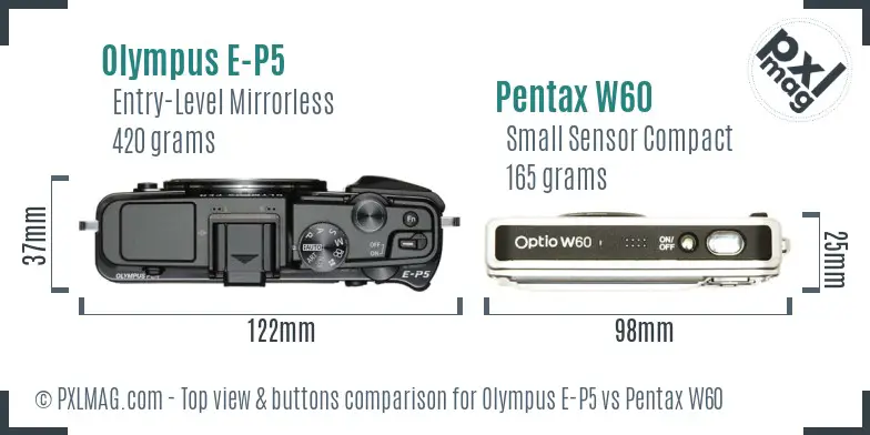 Olympus E-P5 vs Pentax W60 top view buttons comparison
