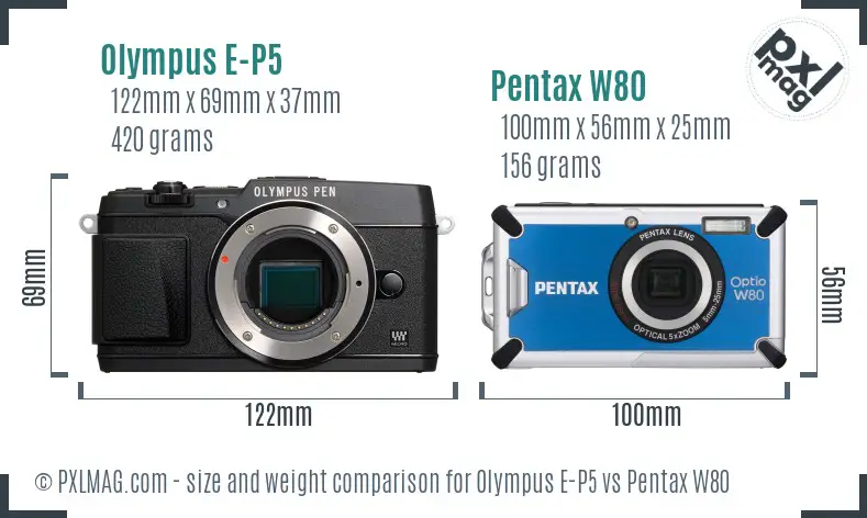 Olympus E-P5 vs Pentax W80 size comparison