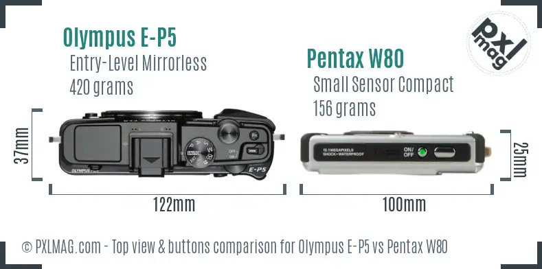 Olympus E-P5 vs Pentax W80 top view buttons comparison