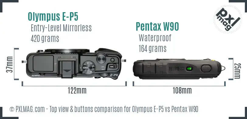 Olympus E-P5 vs Pentax W90 top view buttons comparison