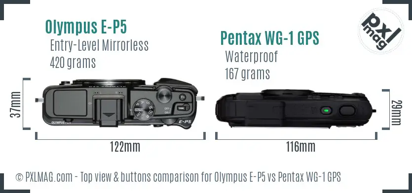 Olympus E-P5 vs Pentax WG-1 GPS top view buttons comparison