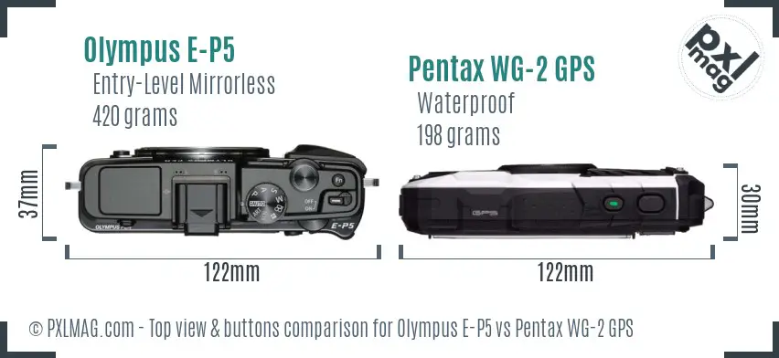 Olympus E-P5 vs Pentax WG-2 GPS top view buttons comparison