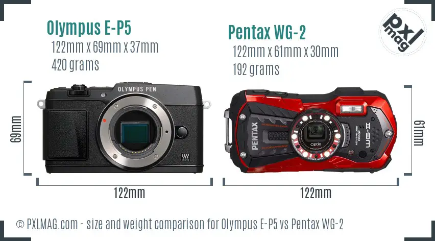 Olympus E-P5 vs Pentax WG-2 size comparison