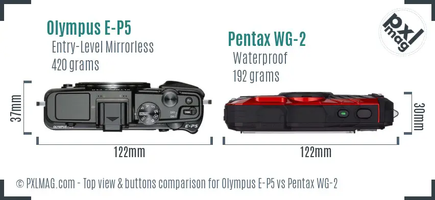 Olympus E-P5 vs Pentax WG-2 top view buttons comparison