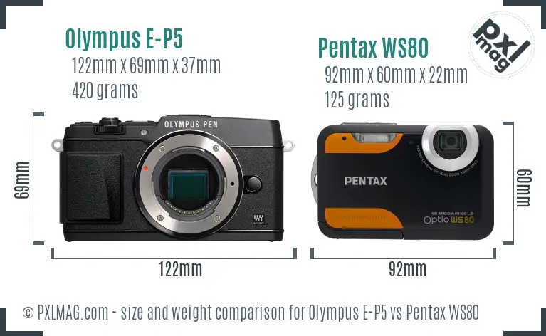 Olympus E-P5 vs Pentax WS80 size comparison