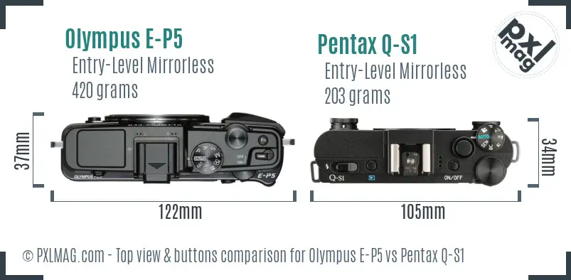 Olympus E-P5 vs Pentax Q-S1 top view buttons comparison