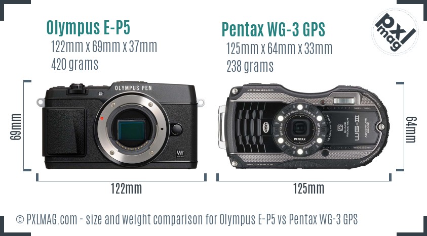 Olympus E-P5 vs Pentax WG-3 GPS size comparison