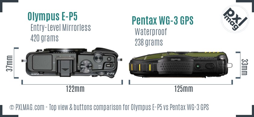Olympus E-P5 vs Pentax WG-3 GPS top view buttons comparison