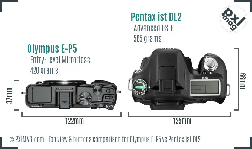 Olympus E-P5 vs Pentax ist DL2 top view buttons comparison
