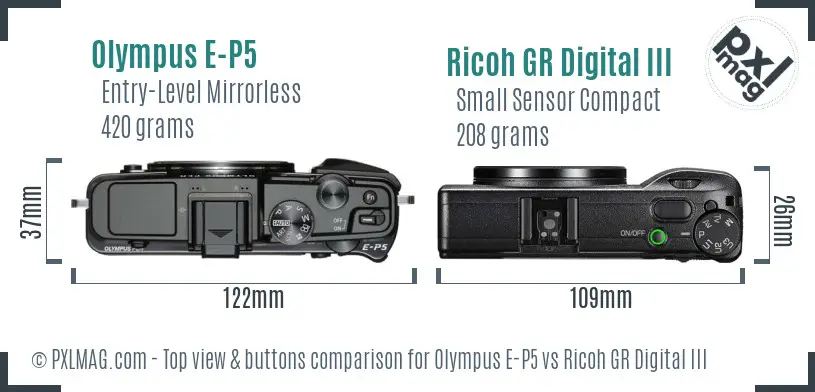 Olympus E-P5 vs Ricoh GR Digital III top view buttons comparison