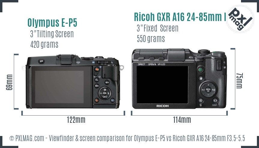 Olympus E-P5 vs Ricoh GXR A16 24-85mm F3.5-5.5 Screen and Viewfinder comparison