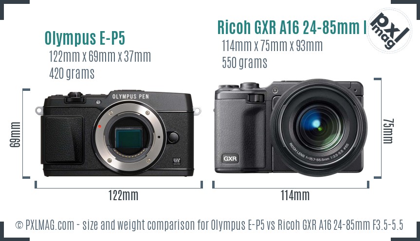 Olympus E-P5 vs Ricoh GXR A16 24-85mm F3.5-5.5 size comparison