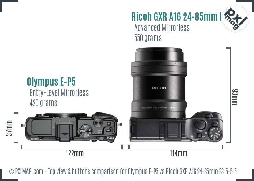 Olympus E-P5 vs Ricoh GXR A16 24-85mm F3.5-5.5 top view buttons comparison