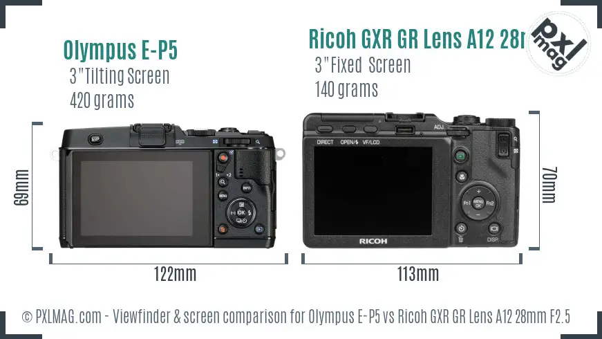 Olympus E-P5 vs Ricoh GXR GR Lens A12 28mm F2.5 Screen and Viewfinder comparison
