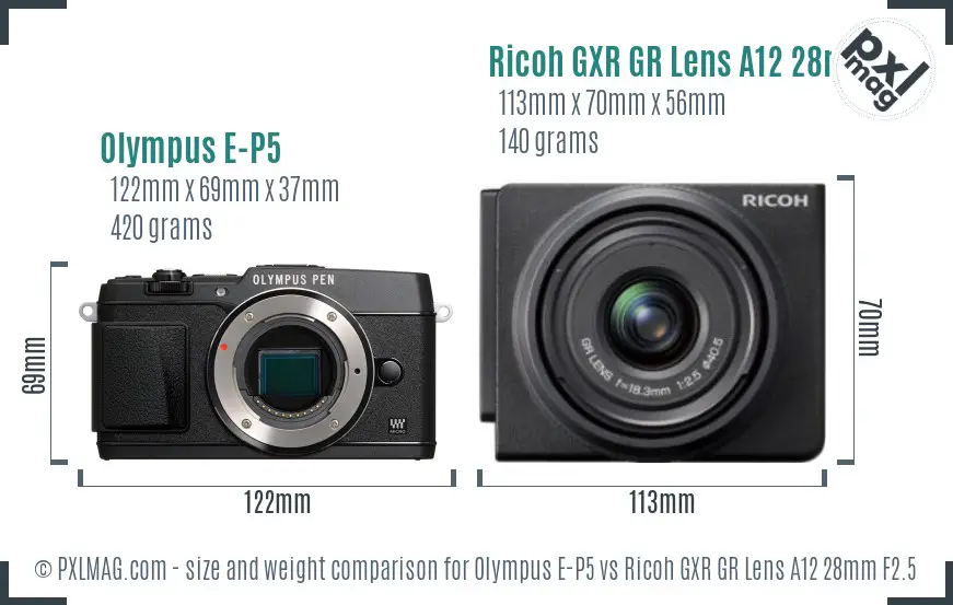 Olympus E-P5 vs Ricoh GXR GR Lens A12 28mm F2.5 size comparison
