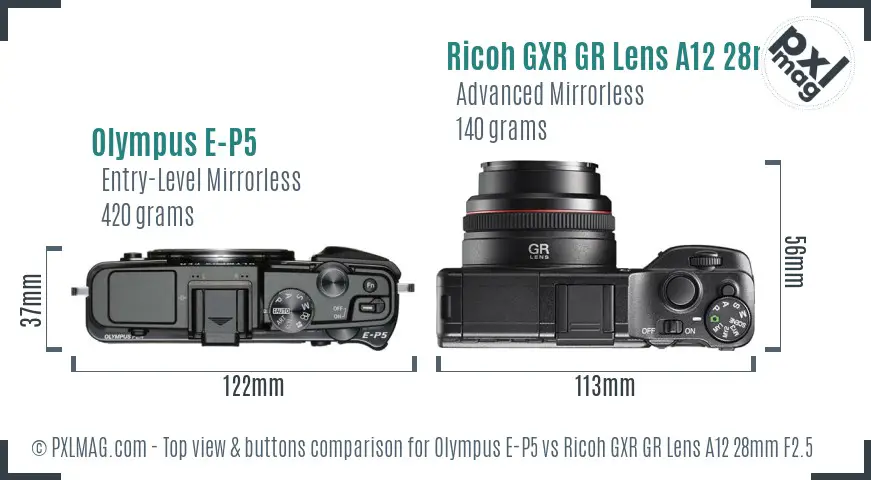Olympus E-P5 vs Ricoh GXR GR Lens A12 28mm F2.5 top view buttons comparison