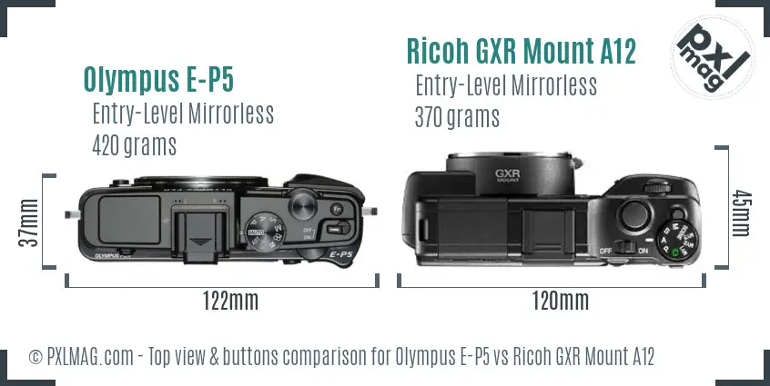 Olympus E-P5 vs Ricoh GXR Mount A12 top view buttons comparison