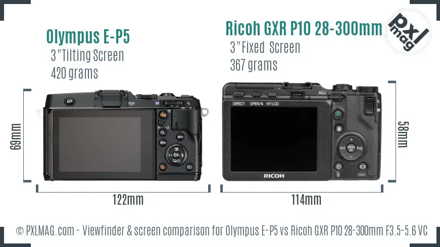 Olympus E-P5 vs Ricoh GXR P10 28-300mm F3.5-5.6 VC Screen and Viewfinder comparison