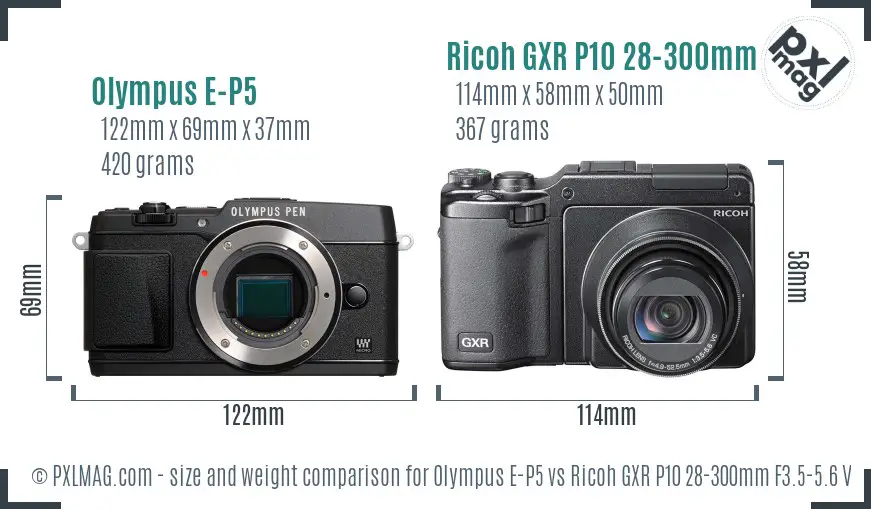 Olympus E-P5 vs Ricoh GXR P10 28-300mm F3.5-5.6 VC size comparison