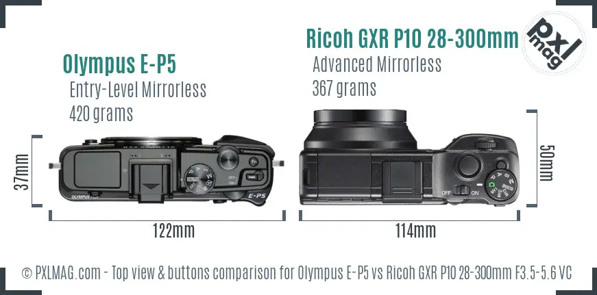 Olympus E-P5 vs Ricoh GXR P10 28-300mm F3.5-5.6 VC top view buttons comparison