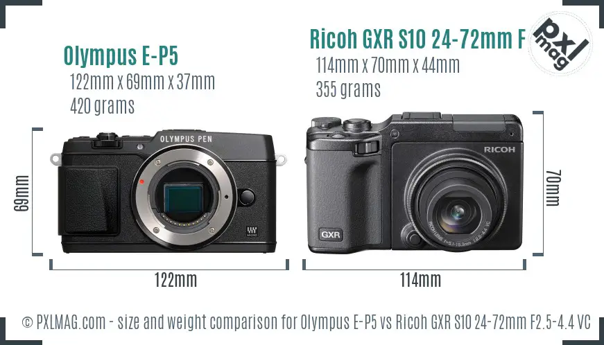 Olympus E-P5 vs Ricoh GXR S10 24-72mm F2.5-4.4 VC size comparison