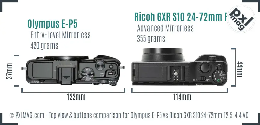 Olympus E-P5 vs Ricoh GXR S10 24-72mm F2.5-4.4 VC top view buttons comparison