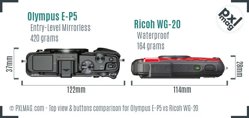 Olympus E-P5 vs Ricoh WG-20 top view buttons comparison