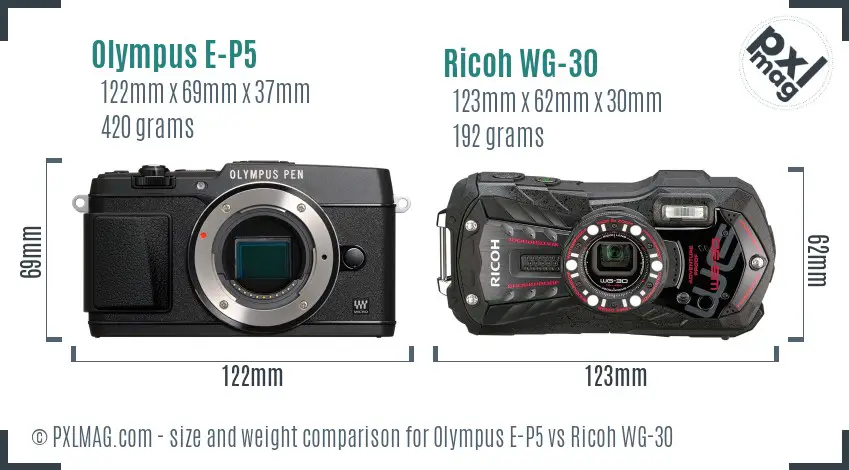 Olympus E-P5 vs Ricoh WG-30 size comparison