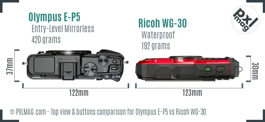 Olympus E-P5 vs Ricoh WG-30 top view buttons comparison