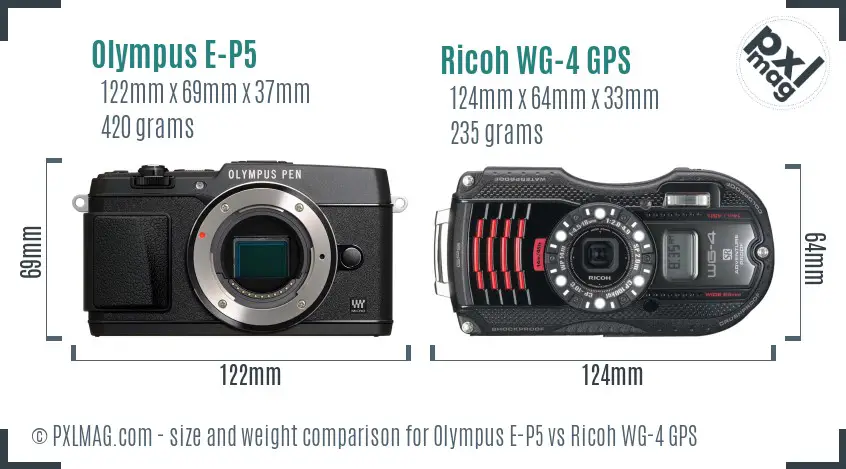 Olympus E-P5 vs Ricoh WG-4 GPS size comparison