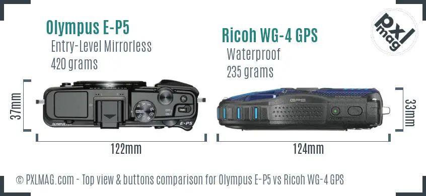 Olympus E-P5 vs Ricoh WG-4 GPS top view buttons comparison