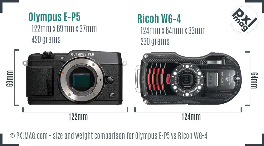 Olympus E-P5 vs Ricoh WG-4 size comparison