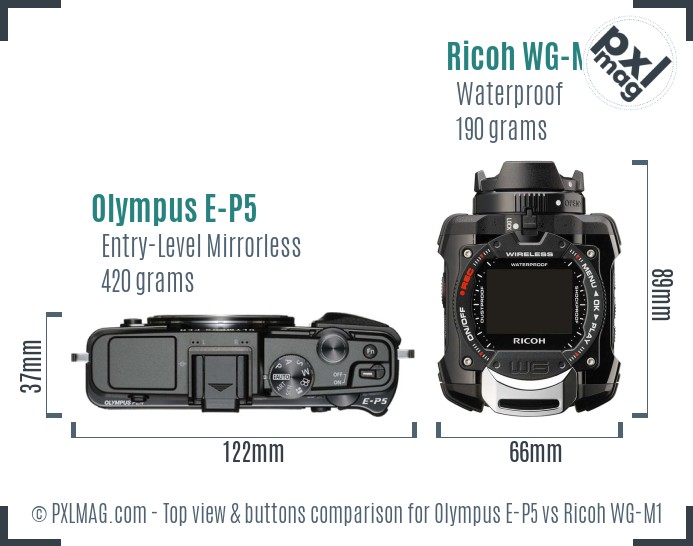 Olympus E-P5 vs Ricoh WG-M1 top view buttons comparison