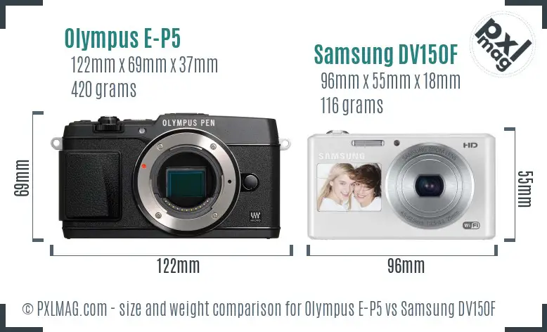 Olympus E-P5 vs Samsung DV150F size comparison