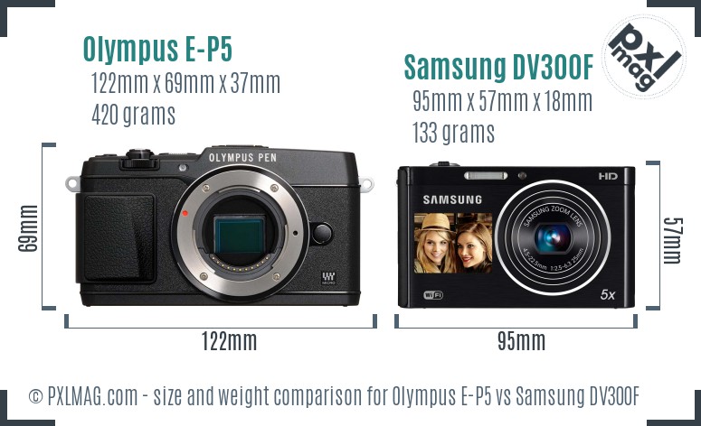 Olympus E-P5 vs Samsung DV300F size comparison