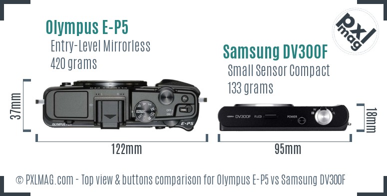 Olympus E-P5 vs Samsung DV300F top view buttons comparison